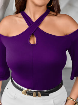 jkthpu-45 Plus Size Off-Shoulder Cross Neck Top – Solid Black Stretchy Blouse
