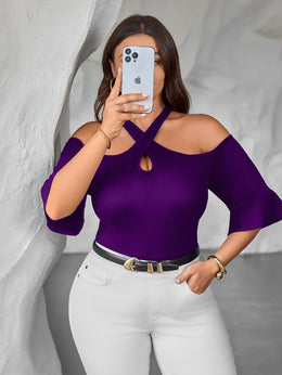 jkthpu-45 Plus Size Off-Shoulder Cross Neck Top – Solid Black Stretchy Blouse