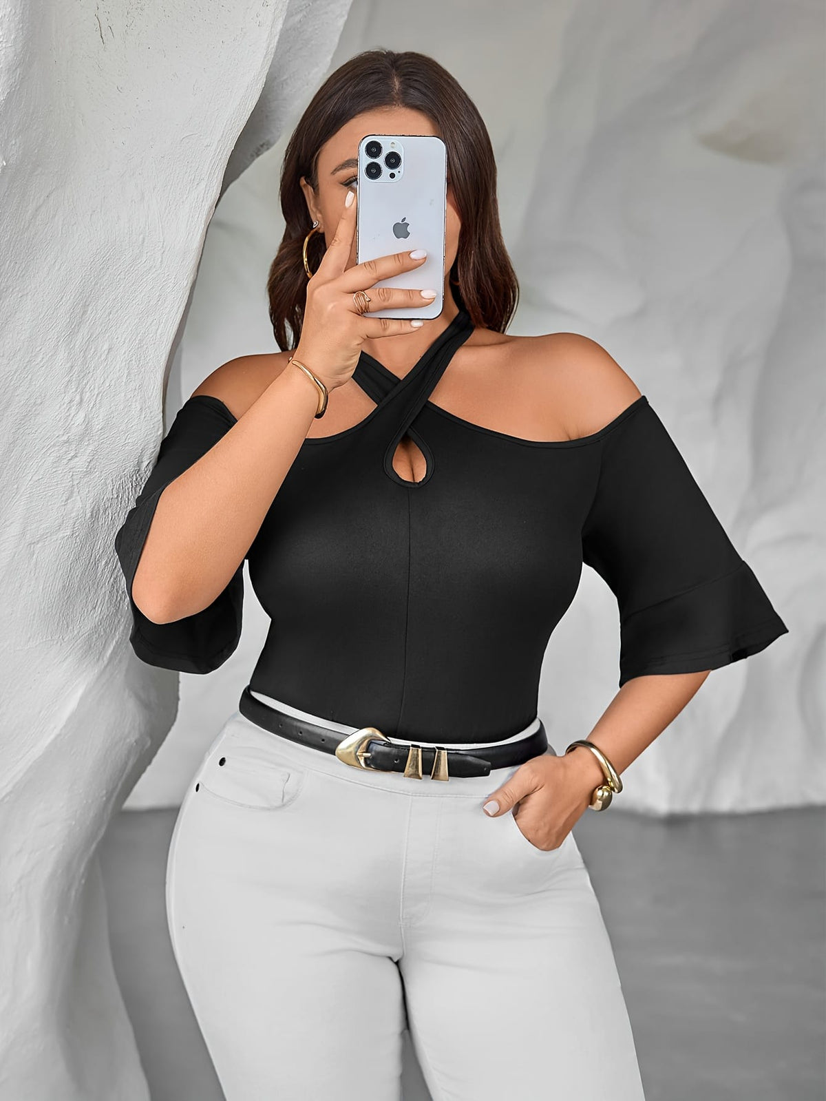 jkthpu-45 Plus Size Off-Shoulder Cross Neck Top – Solid Black Stretchy Blouse