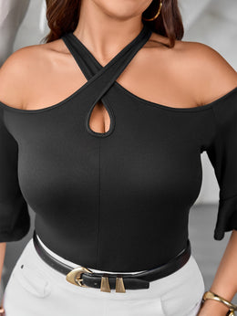 jkthpu-45 Plus Size Off-Shoulder Cross Neck Top – Solid Black Stretchy Blouse