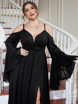jkthpu-45 Plus-Size Off-Shoulder Dress with a Fitted Waist And Slit, Suitable for Bridesmaids.