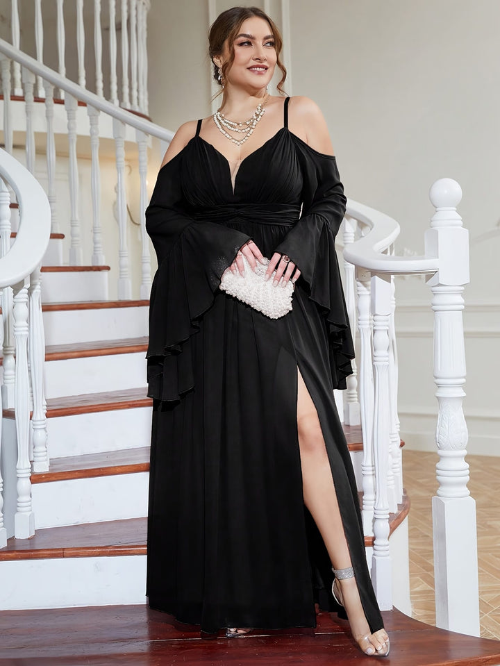 Plus-Size Off-Shoulder Dress with a Fitted Waist And Slit, Suitable for Bridesmaids.