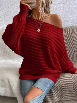 jkthpu-45 Plus Size Off-Shoulder Knit Sweater – Solid Colour Multi-Option