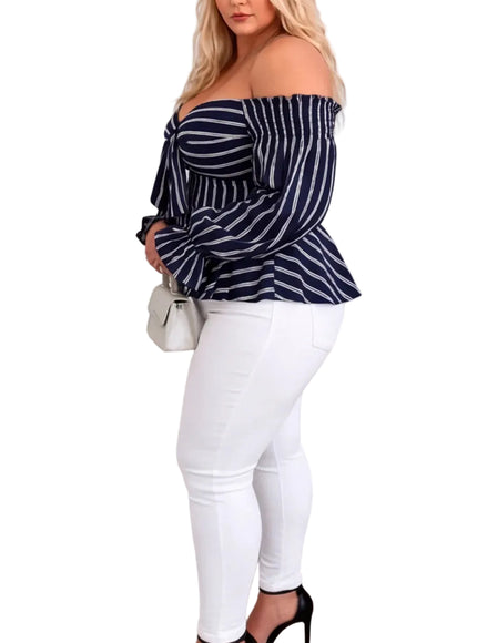 KissICON Blouses Plus Size Off-Shoulder Striped Peplum Blouse – Navy Blue