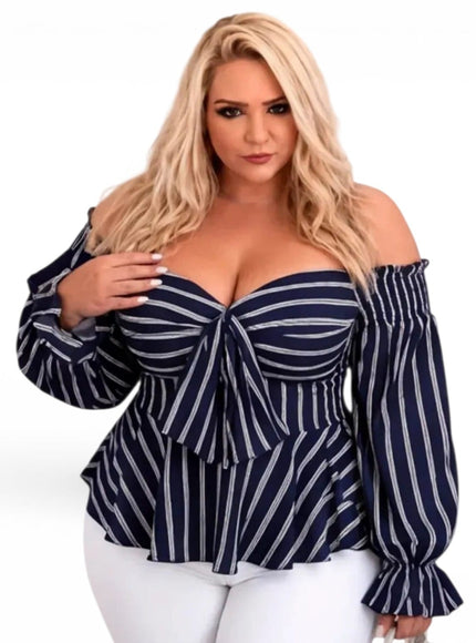 KissICON Blouses Plus Size Off-Shoulder Striped Peplum Blouse – Navy Blue