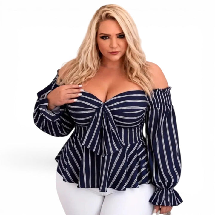 Plus Size Off-Shoulder Striped Peplum Blouse – Navy Blue