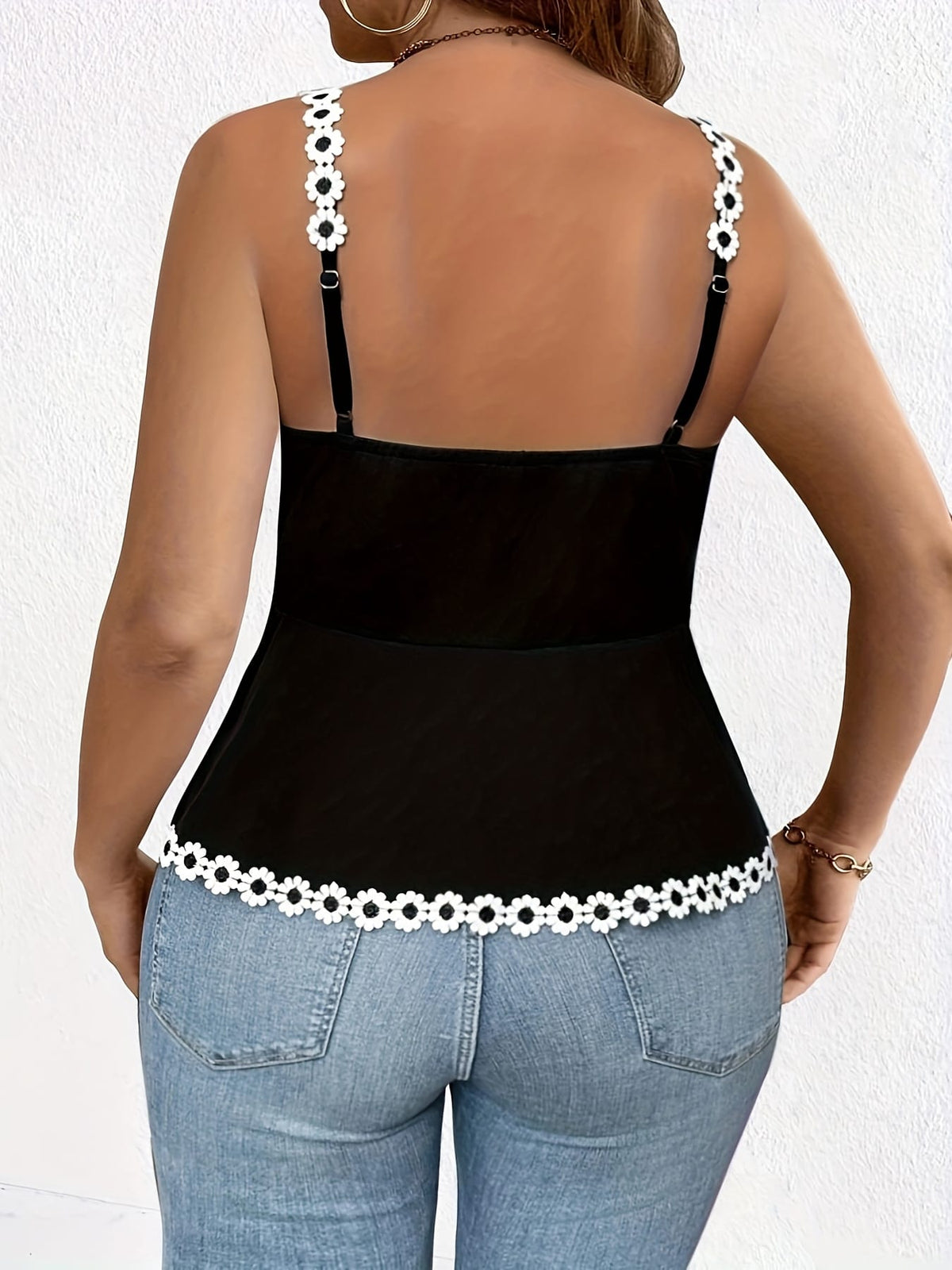 jkthpu-45 Plus Size Off-Shoulder Tank Top – Lace Trim & Button Detail, Black & White