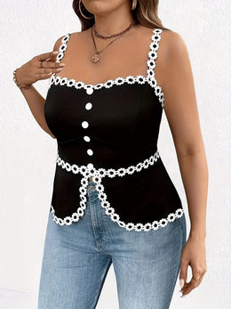 jkthpu-45 Plus Size Off-Shoulder Tank Top – Lace Trim & Button Detail, Black & White