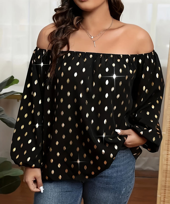 jkthpu-45 Plus Size Off-the-Shoulder Blouse – Black & Gold Party Top