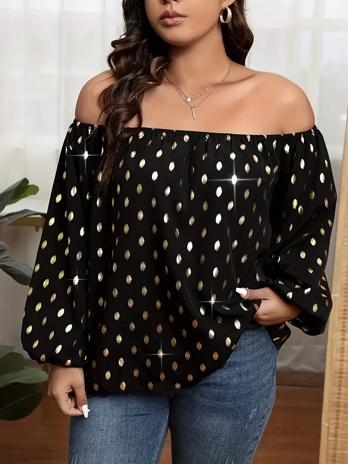 jkthpu-45 Plus Size Off-the-Shoulder Blouse – Black & Gold Party Top