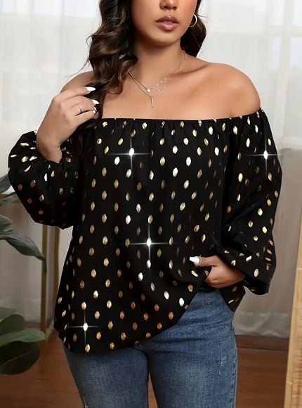 jkthpu-45 Plus Size Off-the-Shoulder Blouse – Black & Gold Party Top