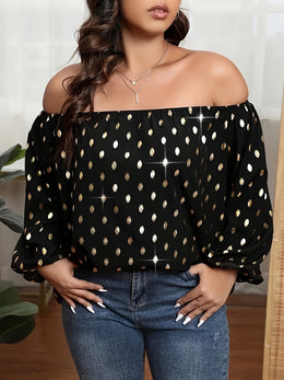 jkthpu-45 Plus Size Off-the-Shoulder Blouse – Black & Gold Party Top