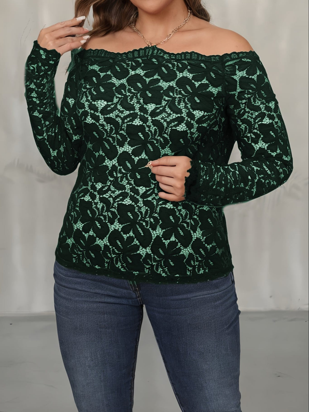 jkthpu-45 Plus Size Off the Shoulder Long Sleeve Lace