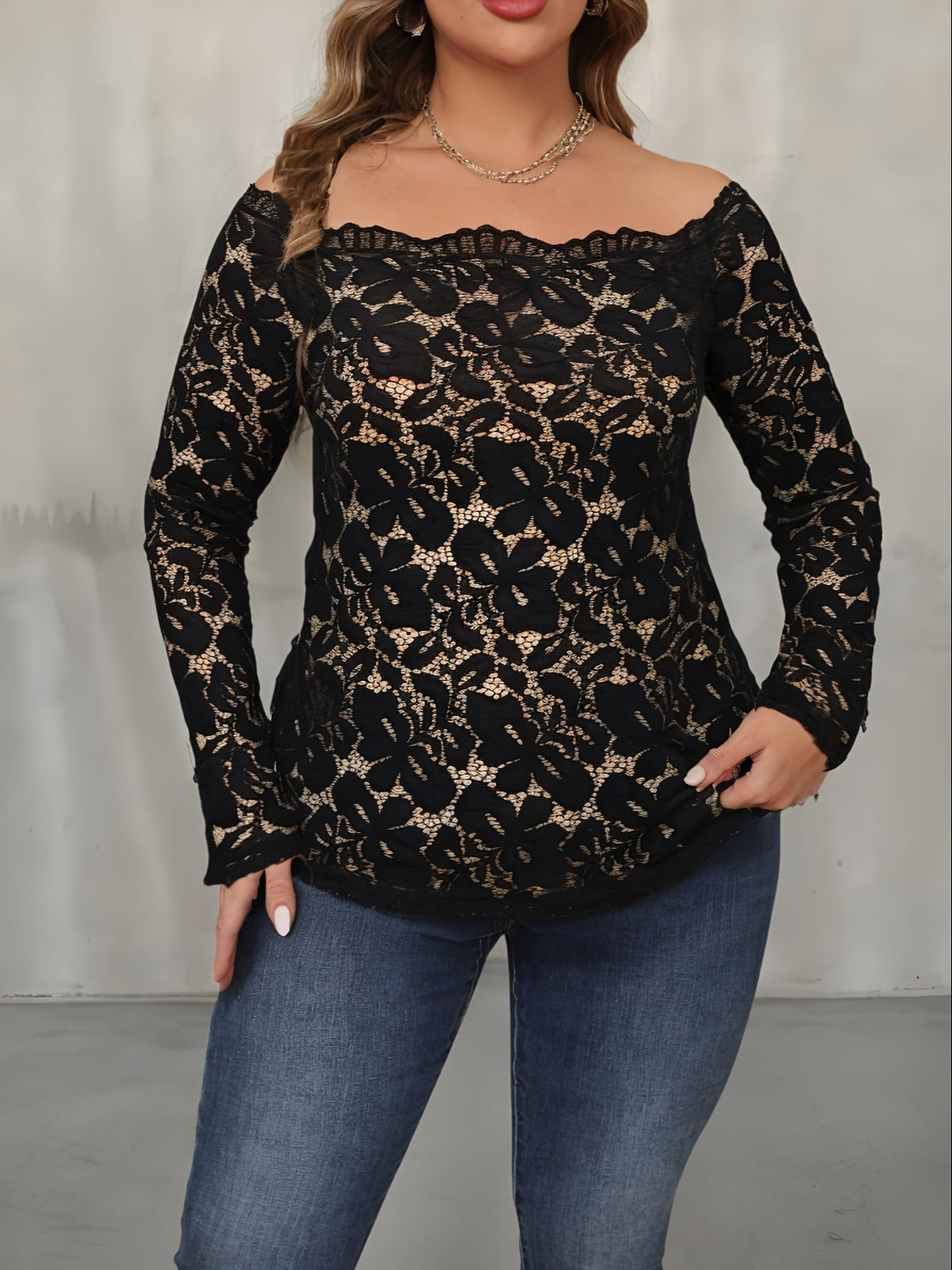 jkthpu-45 Plus Size Off the Shoulder Long Sleeve Lace