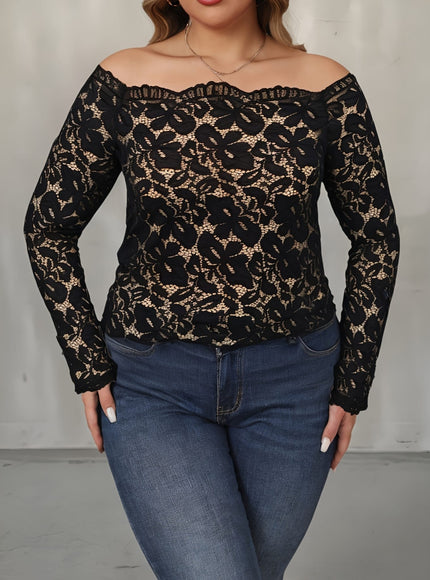 jkthpu-45 Plus Size Off the Shoulder Long Sleeve Lace