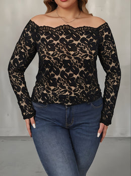 jkthpu-45 Plus Size Off the Shoulder Long Sleeve Lace