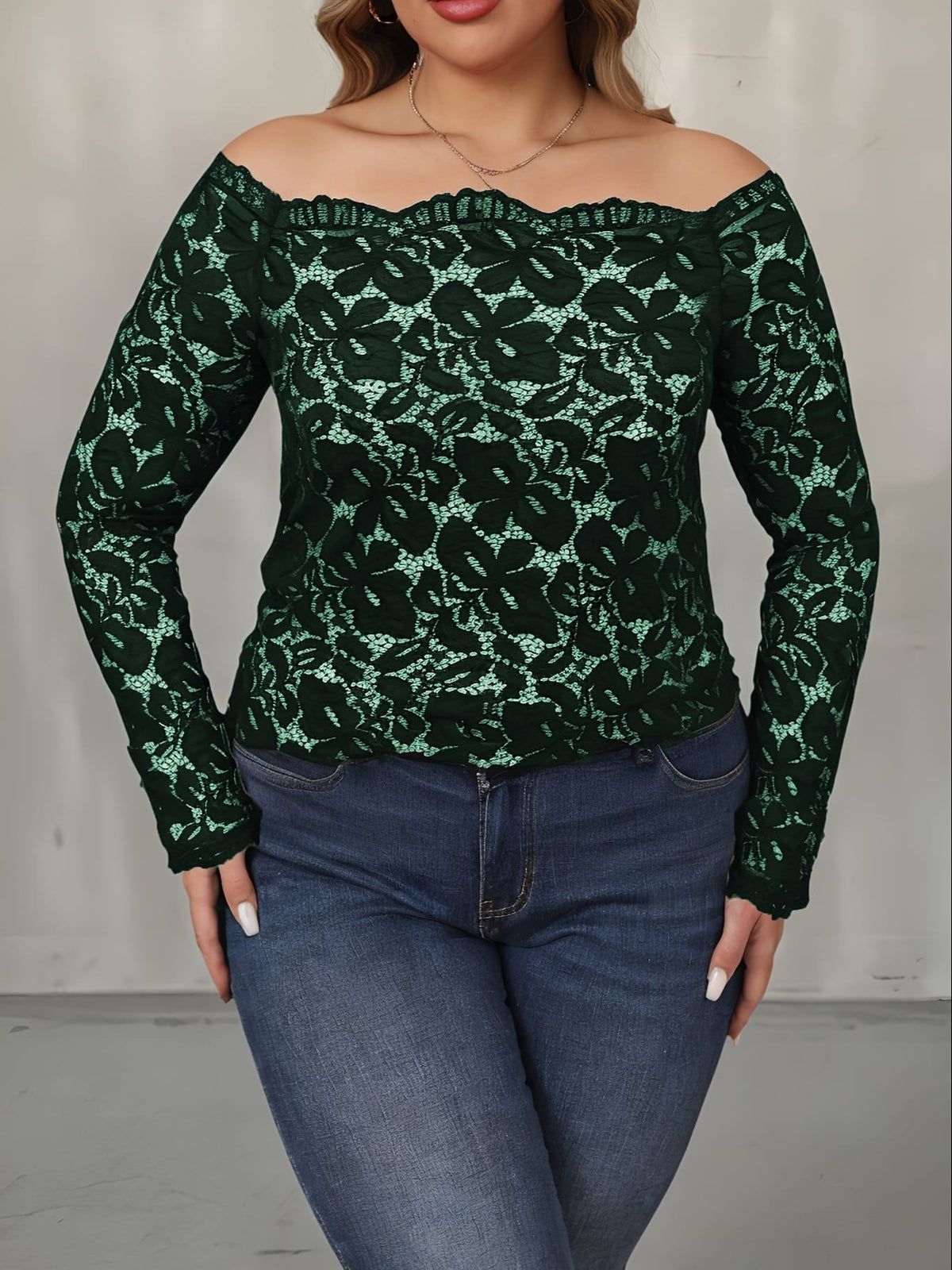 jkthpu-45 Plus Size Off the Shoulder Long Sleeve Lace