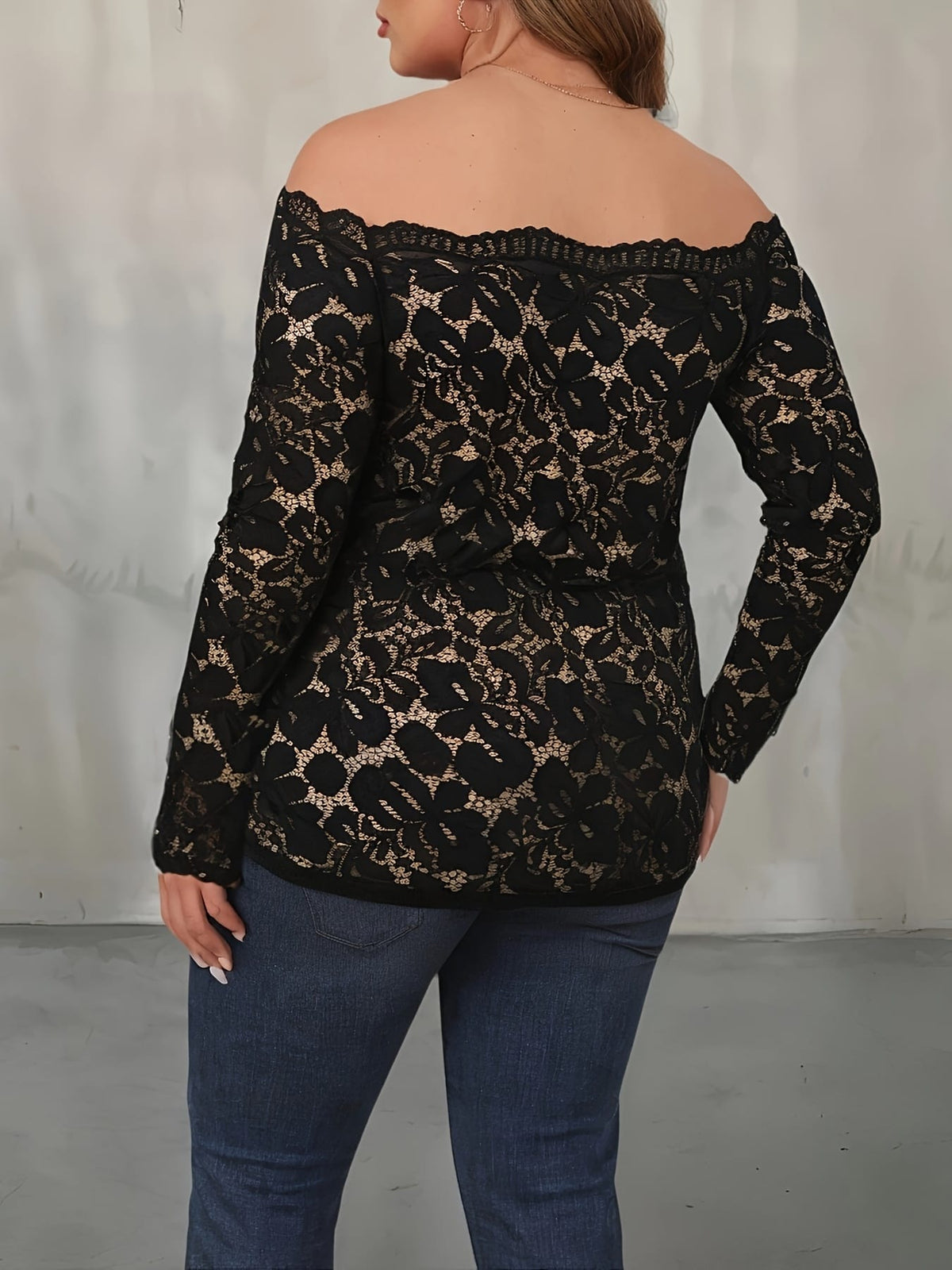 jkthpu-45 Plus Size Off the Shoulder Long Sleeve Lace