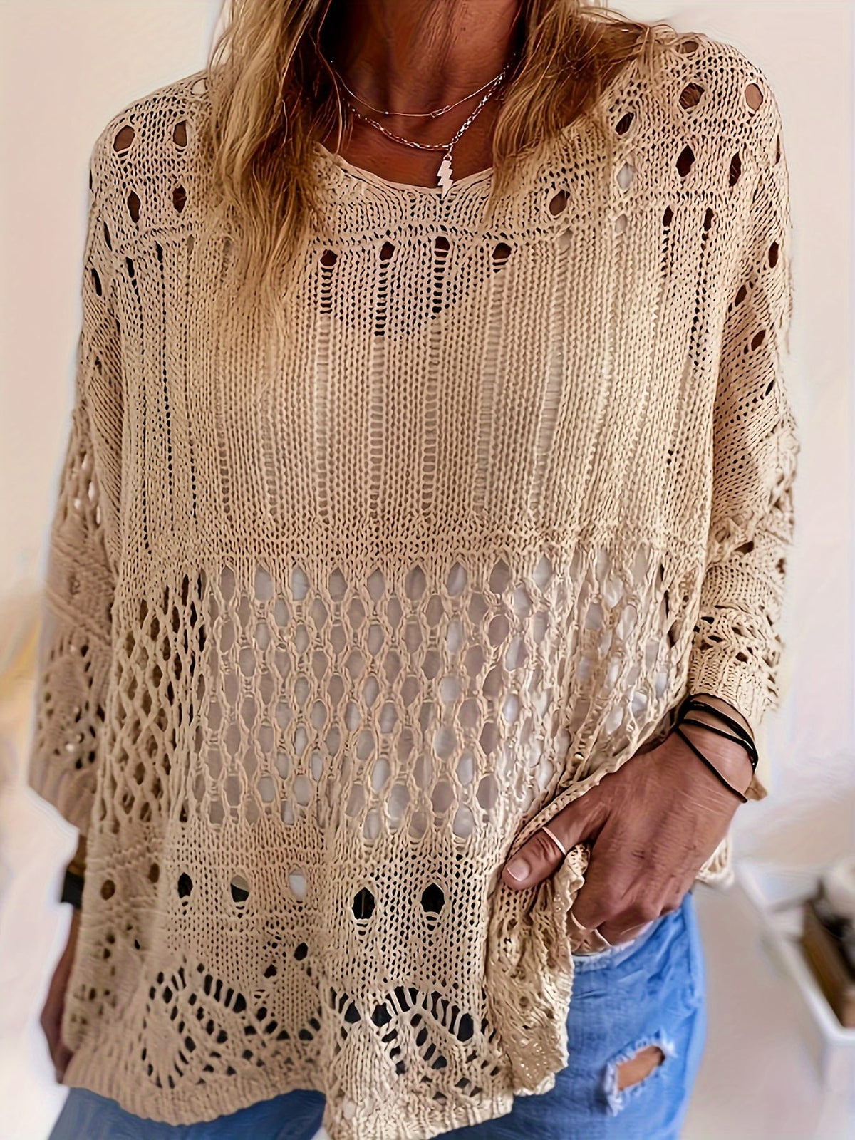 jkthpu-45 Plus Size, Oversized Knitwear Loose-Fitting 3/4 Sleeve Sun-Protective