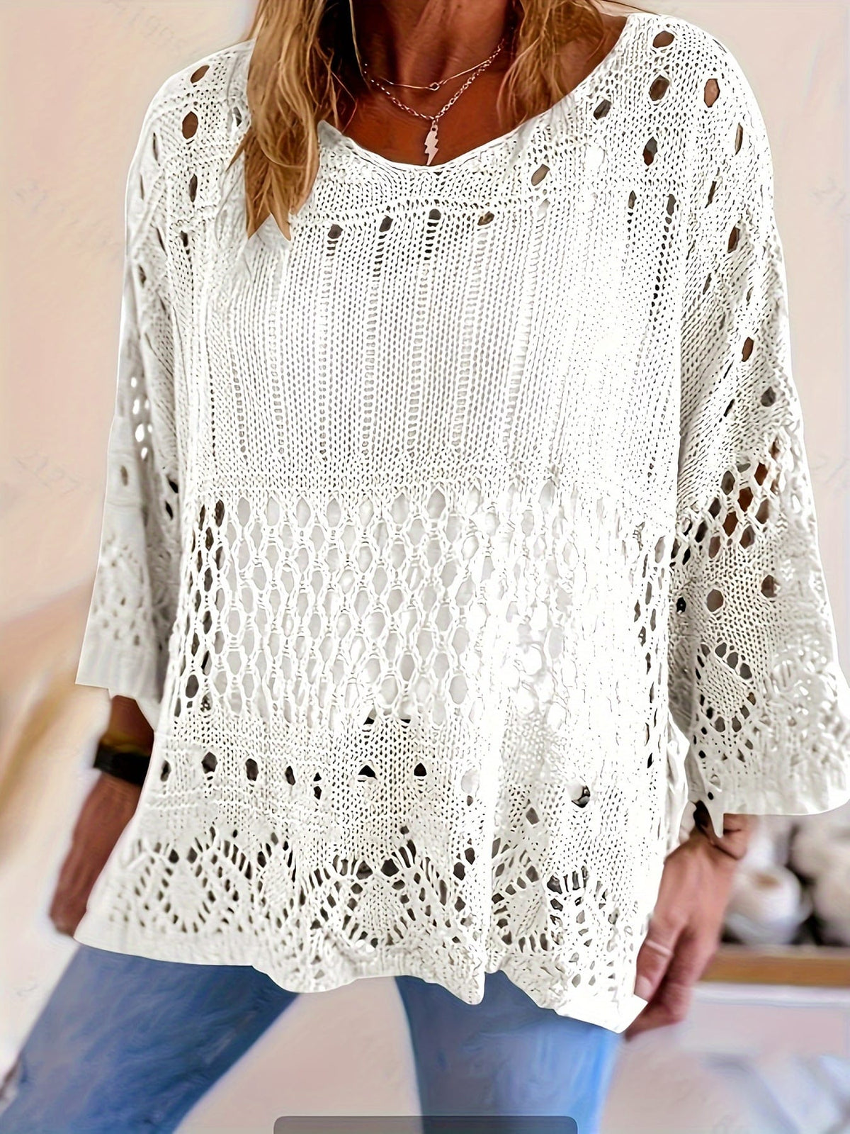 jkthpu-45 Plus Size, Oversized Knitwear Loose-Fitting 3/4 Sleeve Sun-Protective