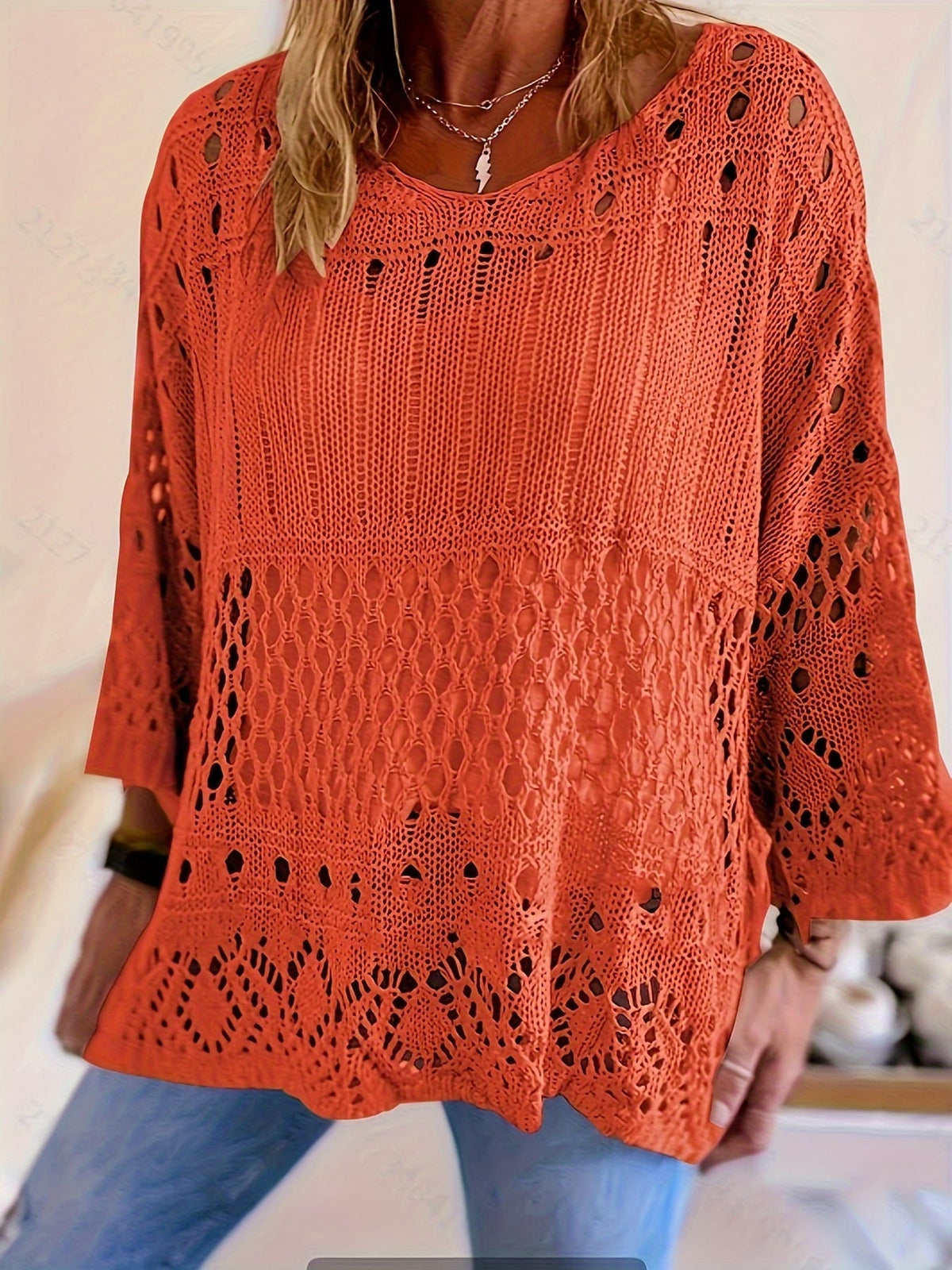 jkthpu-45 Plus Size, Oversized Knitwear Loose-Fitting 3/4 Sleeve Sun-Protective