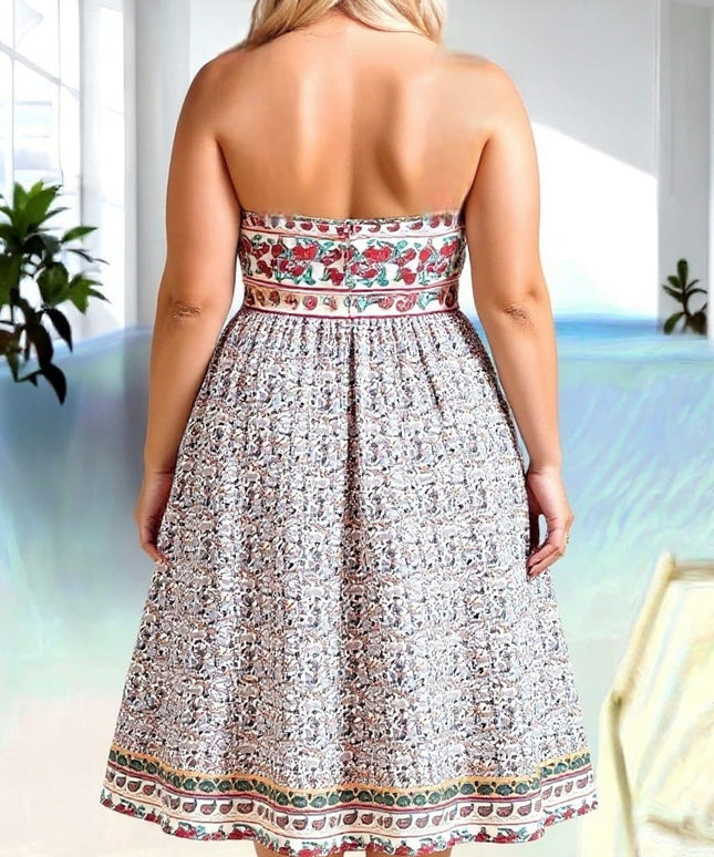 KissICON Plus Size Paisley Strapless Flare-Hem Dress – Boho Bandeau Vacation Style