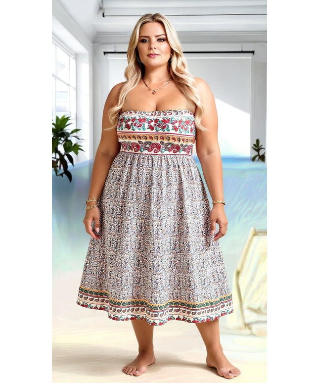 KissICON Plus Size Paisley Strapless Flare-Hem Dress – Boho Bandeau Vacation Style