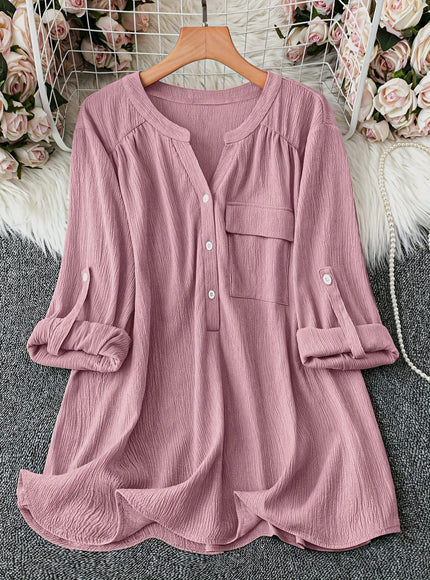 jkthpu-45 Plus Size Pale Pink Oversized Casual Long Sleeve Button-Up Shirt