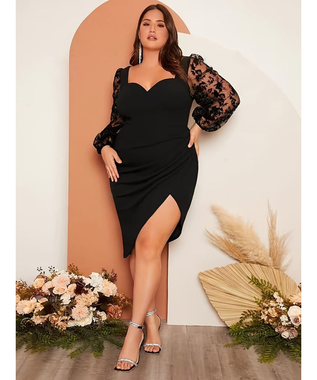 jkthpu-45 Plus Size Paneled Elegant Long Sleeve Sweetheart Neck Wrap Hem Dress for Spring & Fall, Women's Clothing