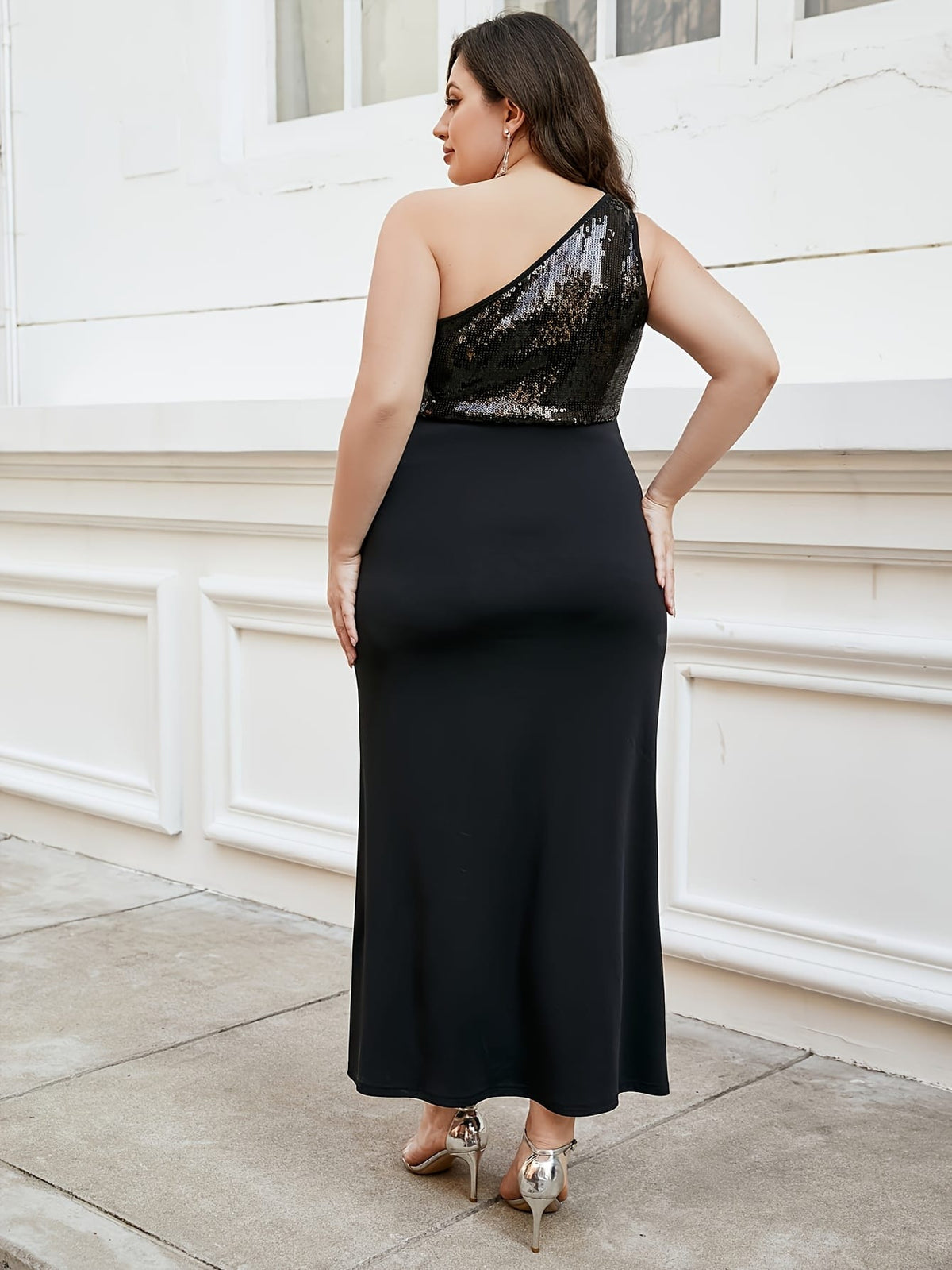 jkthpu-45 Plus Size, Party-style Elegant Side Slit Sequined Pleated Wrap Dress