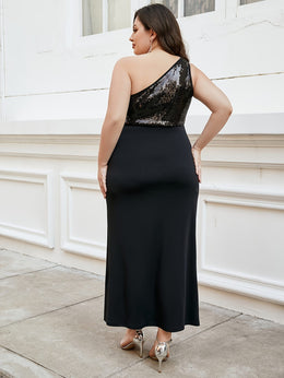 jkthpu-45 Plus Size, Party-style Elegant Side Slit Sequined Pleated Wrap Dress