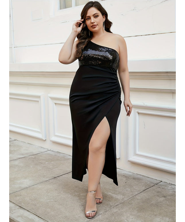 jkthpu-45 Plus Size, Party-style Elegant Side Slit Sequined Pleated Wrap Dress