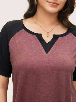 KissICON Plus Size Patchwork Notch Lapel T-Shirt - Elegant Black & Maroon Short Sleeve Tee with V-Neck, Lightweight Stretch Fabric, Summer Style, Casual Wear|Vneck Tshirt|Patchwork Detail