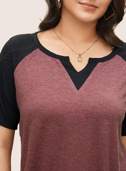 KissICON Plus Size Patchwork Notch Lapel T-Shirt - Elegant Black & Maroon Short Sleeve Tee with V-Neck, Lightweight Stretch Fabric, Summer Style, Casual Wear|Vneck Tshirt|Patchwork Detail