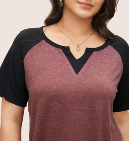 KissICON Plus Size Patchwork Notch Lapel T-Shirt - Elegant Black & Maroon Short Sleeve Tee with V-Neck, Lightweight Stretch Fabric, Summer Style, Casual Wear|Vneck Tshirt|Patchwork Detail