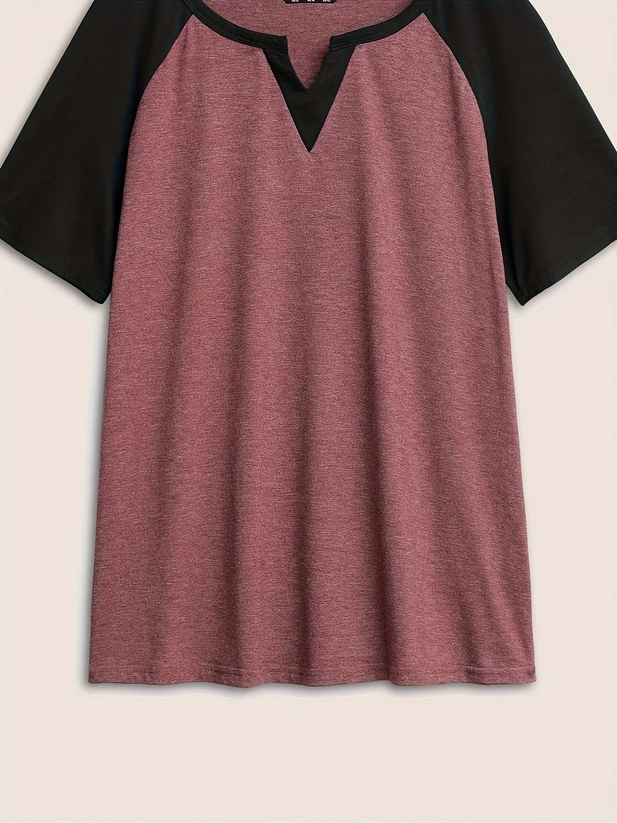 KissICON Plus Size Patchwork Notch Lapel T-Shirt - Elegant Black & Maroon Short Sleeve Tee with V-Neck, Lightweight Stretch Fabric, Summer Style, Casual Wear|Vneck Tshirt|Patchwork Detail