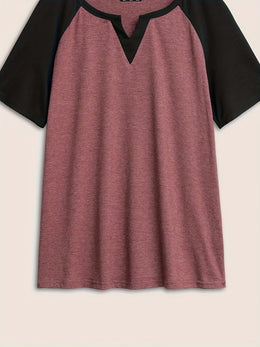 KissICON Plus Size Patchwork Notch Lapel T-Shirt - Elegant Black & Maroon Short Sleeve Tee with V-Neck, Lightweight Stretch Fabric, Summer Style, Casual Wear|Vneck Tshirt|Patchwork Detail