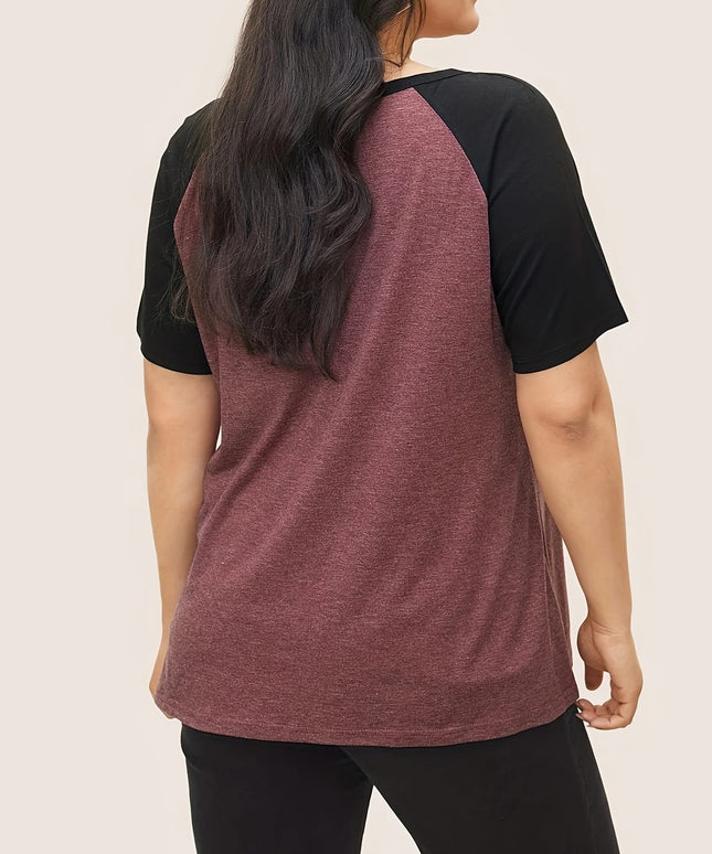 KissICON Plus Size Patchwork Notch Lapel T-Shirt - Elegant Black & Maroon Short Sleeve Tee with V-Neck, Lightweight Stretch Fabric, Summer Style, Casual Wear|Vneck Tshirt|Patchwork Detail