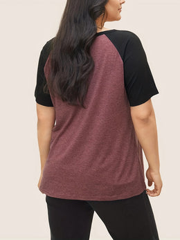 KissICON Plus Size Patchwork Notch Lapel T-Shirt - Elegant Black & Maroon Short Sleeve Tee with V-Neck, Lightweight Stretch Fabric, Summer Style, Casual Wear|Vneck Tshirt|Patchwork Detail