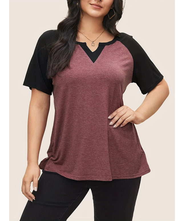 KissICON Plus Size Patchwork Notch Lapel T-Shirt - Elegant Black & Maroon Short Sleeve Tee with V-Neck, Lightweight Stretch Fabric, Summer Style, Casual Wear|Vneck Tshirt|Patchwork Detail