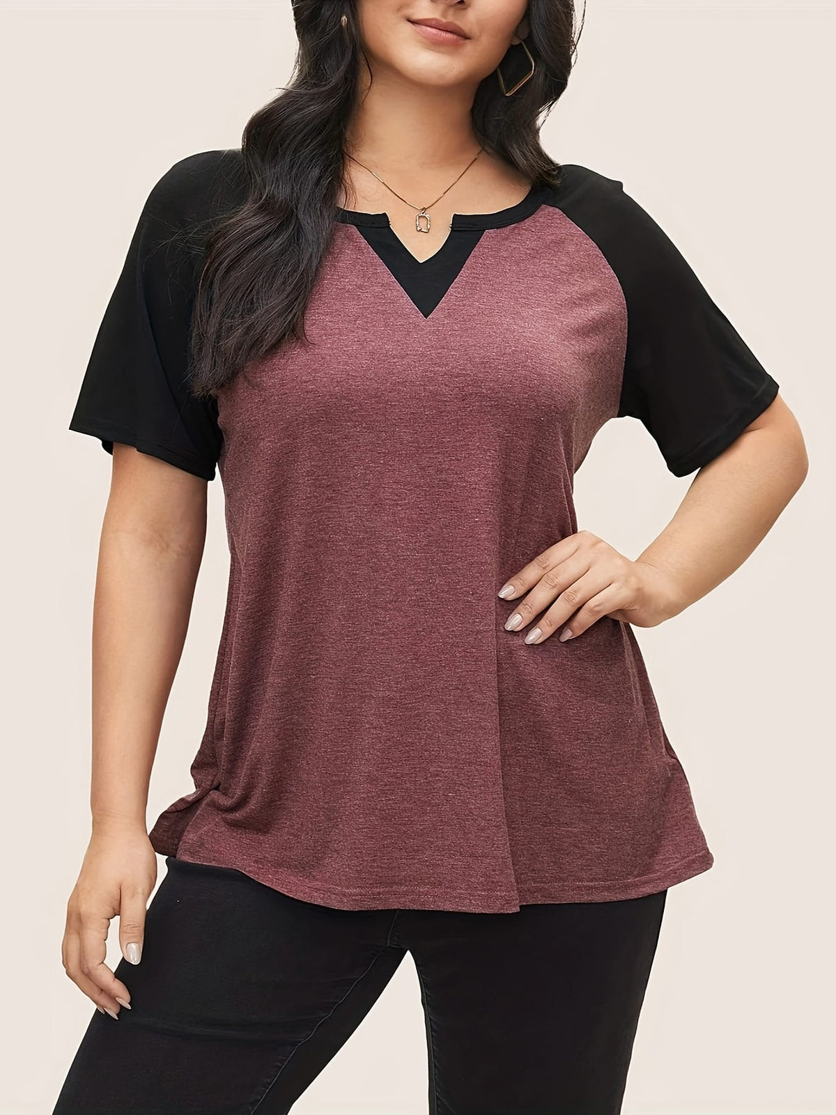 KissICON Plus Size Patchwork Notch Lapel T-Shirt - Elegant Black & Maroon Short Sleeve Tee with V-Neck, Lightweight Stretch Fabric, Summer Style, Casual Wear|Vneck Tshirt|Patchwork Detail