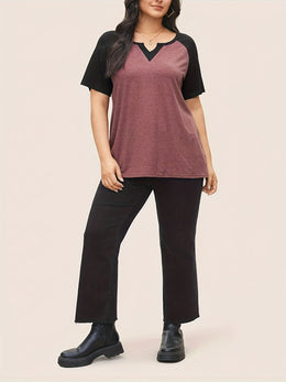 KissICON Plus Size Patchwork Notch Lapel T-Shirt - Elegant Black & Maroon Short Sleeve Tee with V-Neck, Lightweight Stretch Fabric, Summer Style, Casual Wear|Vneck Tshirt|Patchwork Detail