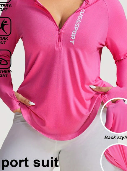 jkthpu-45 Plus Size Pink Vesport ZipUp Long Sleeve Top