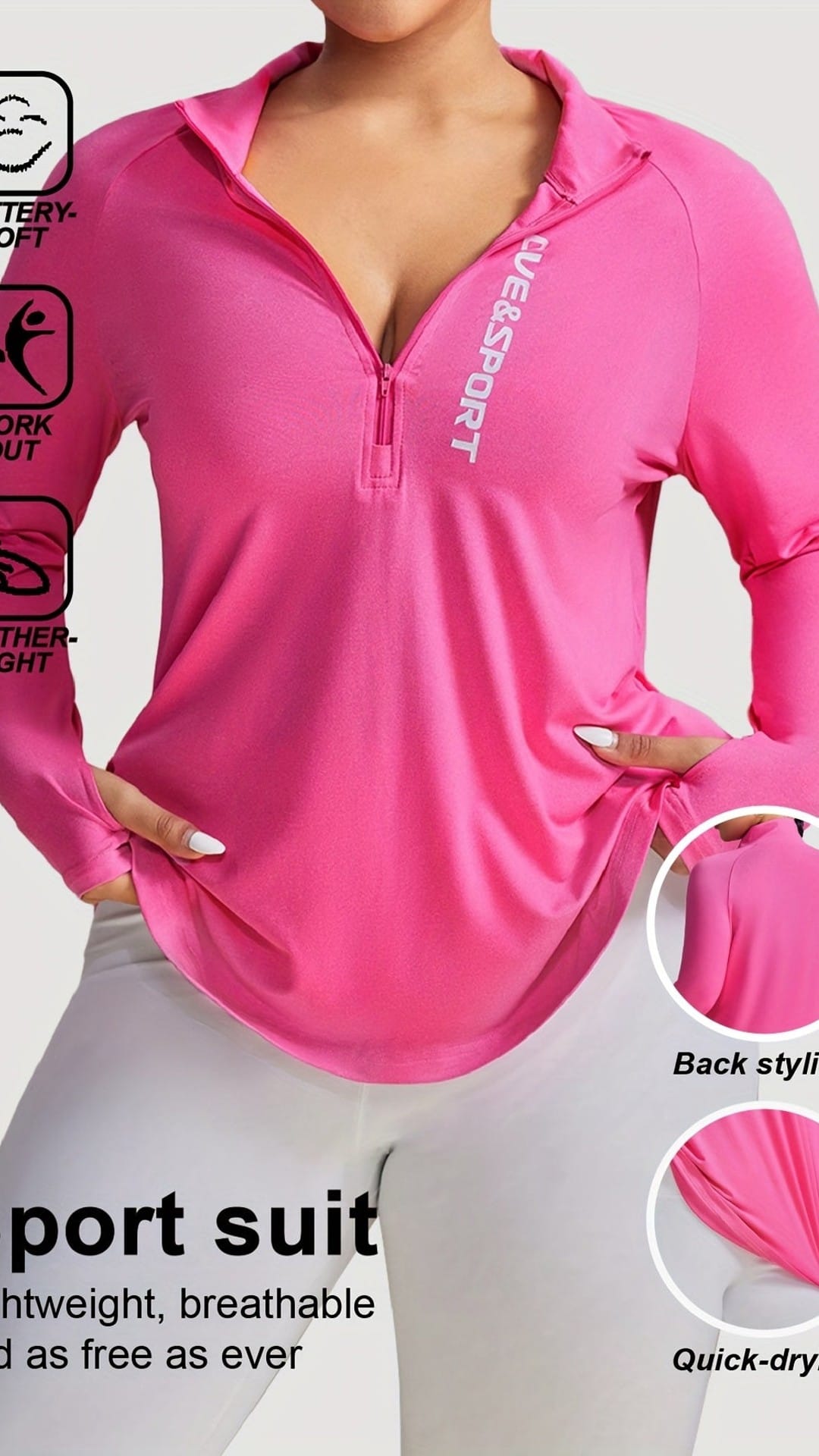 jkthpu-45 Plus Size Pink Vesport ZipUp Long Sleeve Top
