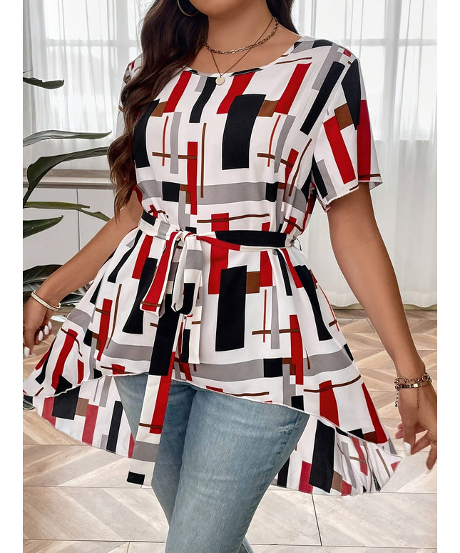 KissICON Plus Size Plaid Print Blouse, Casual Irregular Hem Crew Neck Short Sleeve Blouse, Women's Plus Size Clothing