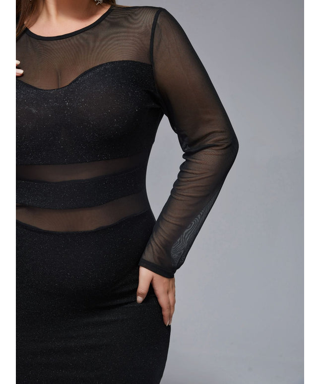 jkthpu-45 Plus Size, Plus Mesh Patchwork Glitter Bodycon Dress