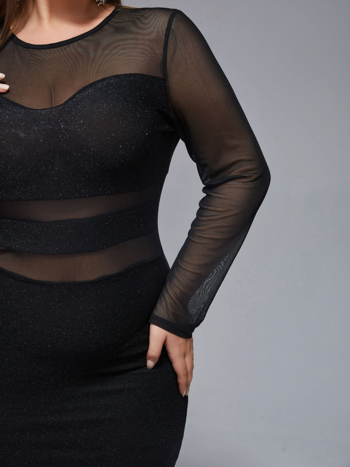 jkthpu-45 Plus Size, Plus Mesh Patchwork Glitter Bodycon Dress