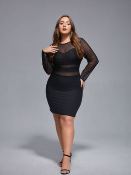 jkthpu-45 Plus Size, Plus Mesh Patchwork Glitter Bodycon Dress