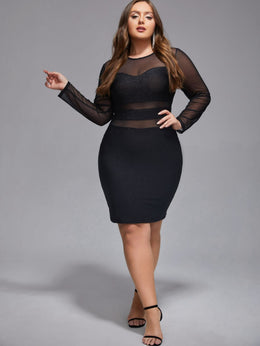 jkthpu-45 Plus Size, Plus Mesh Patchwork Glitter Bodycon Dress