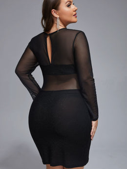 jkthpu-45 Plus Size, Plus Mesh Patchwork Glitter Bodycon Dress